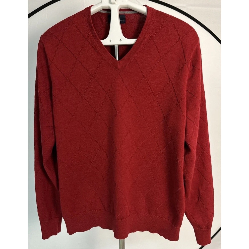 Lands' End Sweater Men's Sz XL V-neck Red 100% Supima KnitGeometric RibbedCotton